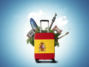 Ispanyol bayrağı ve cazibe merkezleri ile büyük bavul