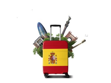 Ispanyol bayrağı ve cazibe merkezleri ile büyük bavul