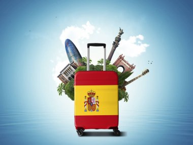 Ispanyol bayrağı ve cazibe merkezleri ile büyük bavul