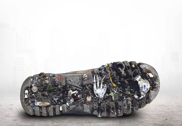 Suela Del Zapato Con Suciedad Basura Tema Ecología — Foto de Stock