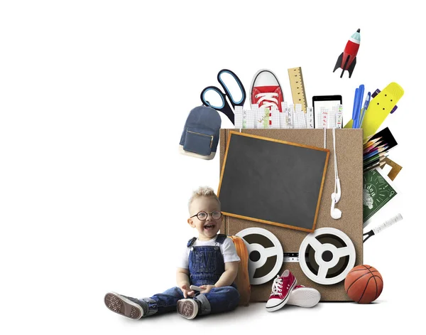 Little Boy Denim Overalls Books Smiling — Stock Photo, Image