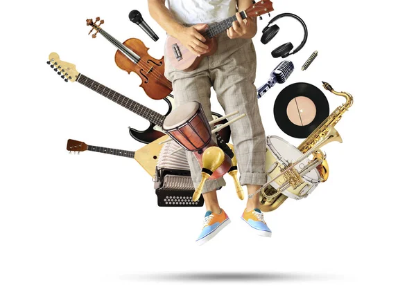 Young Man Plays Guitar Musical Instruments — Stock Photo, Image