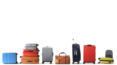  Büyük renkli turist bavulları sıraya dizildi.