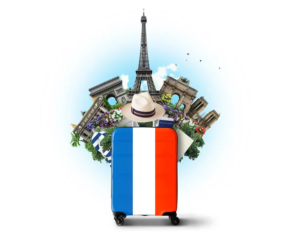 Frankrike Modern Resväska Med Fransk Flagga Och Landmärken — Stockfoto