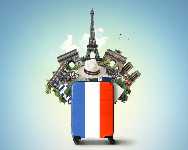 Frankrike Modern Resväska Med Fransk Flagga Och Landmärken Stockbild