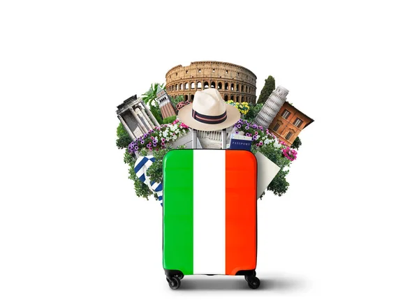 Ιταλία Ορόσημα Ιταλία Και Ρετρό Βαλίτσα Καπέλο Φωτογραφία Αρχείου