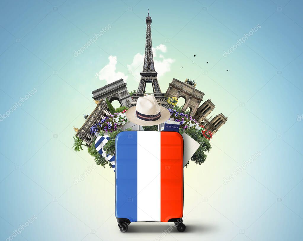 France, modern suitcase with French flag and landmarks