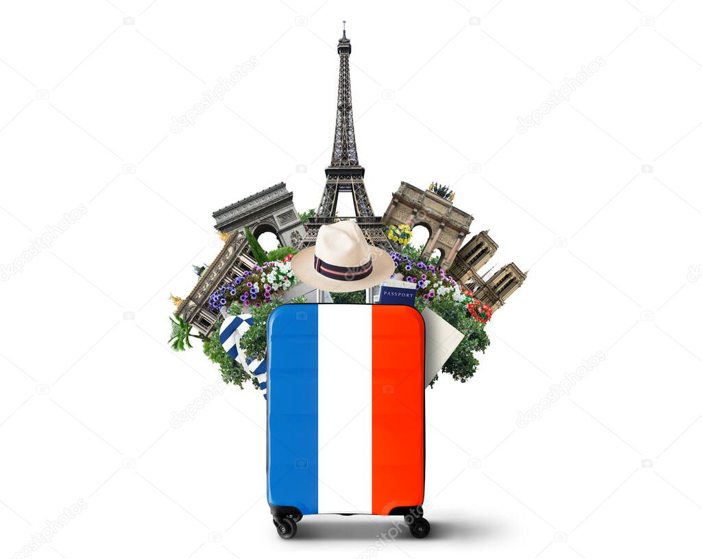 France, modern suitcase with French flag and landmarks