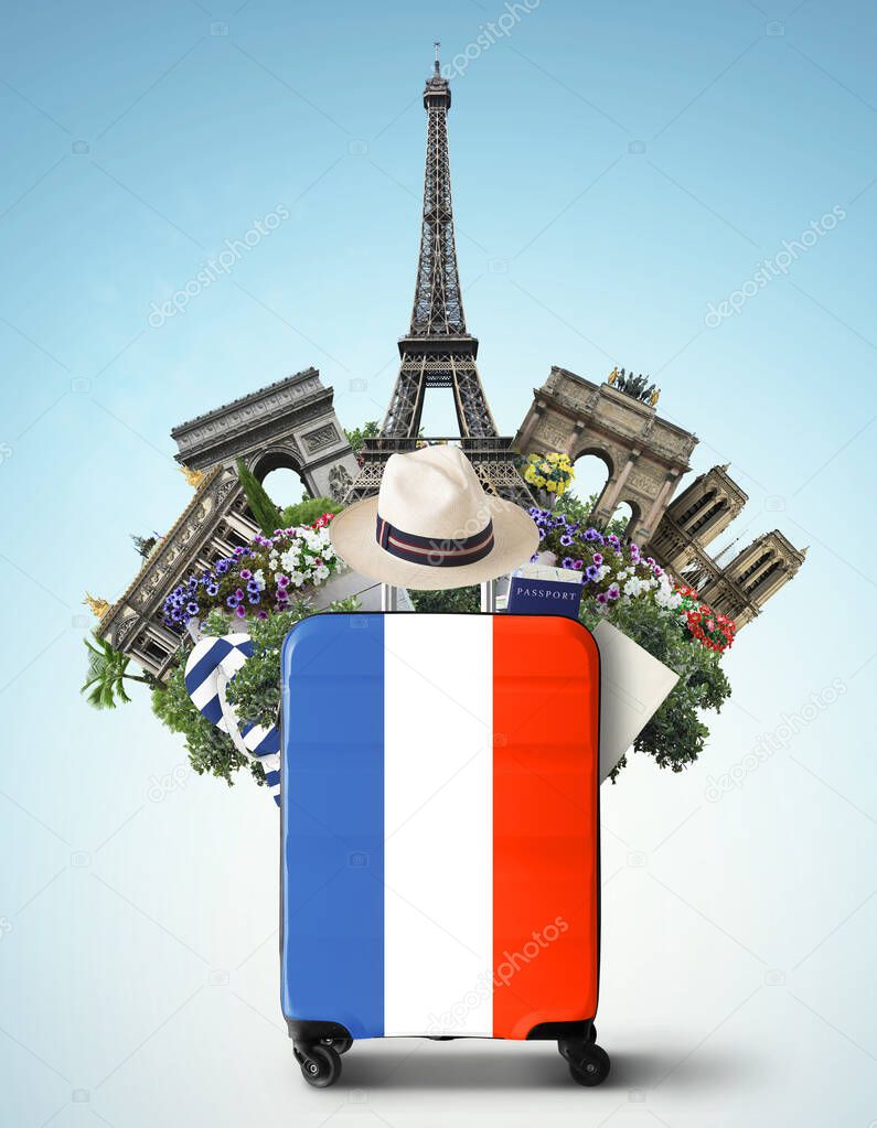 France, modern suitcase with French flag and landmarks