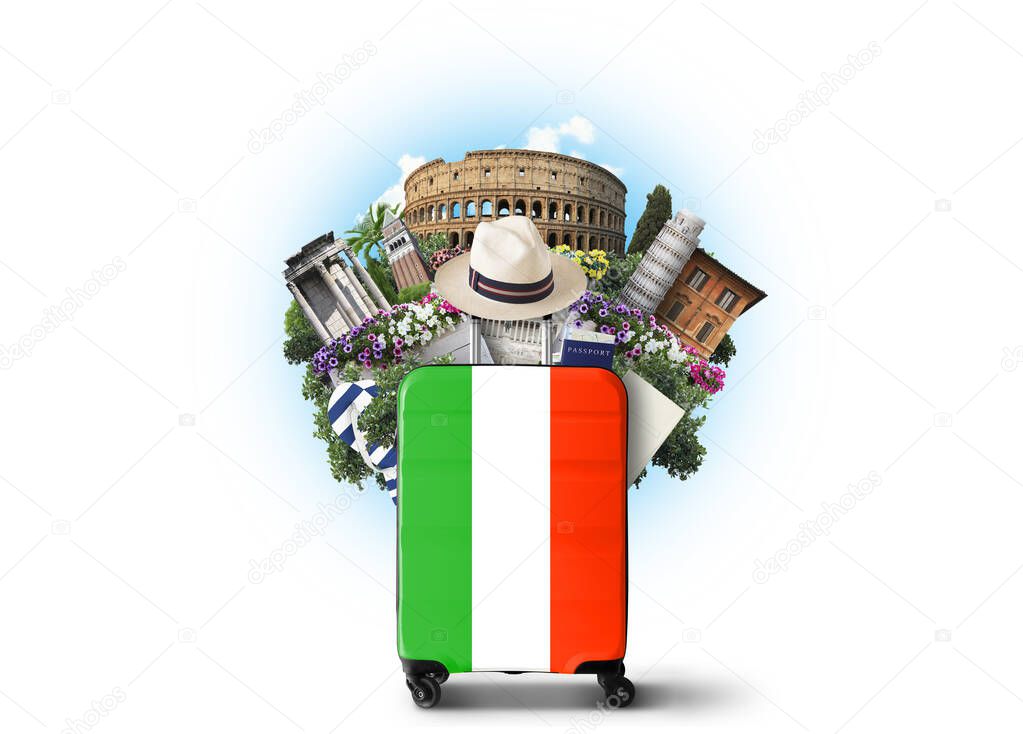 Italy, landmarks Italy and retro suitcase with hat