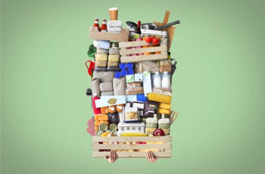 Tahta bir sandığa istiflenmiş kocaman bir yiyecek yığını. Yiyecek konsepti.