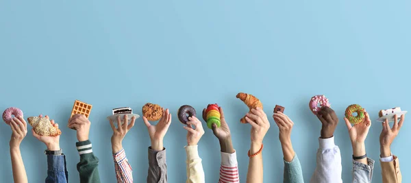 People Holding Different Desserts Hands Concept Food Sweets Stock Photo