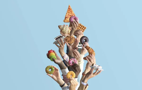 Люди Тримають Різні Десерти Руках Концепція Їжі Солодощів Ліцензійні Стокові Фото