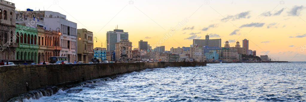 Sunset on the Malecon waterfront in Havana