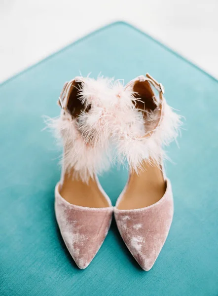 Fluffy velours shoes, high heels. Fashion blog concept. Woman's shoes, fashion, female style. Dusty pink silk velvet shoes with feathers on pale blue background.