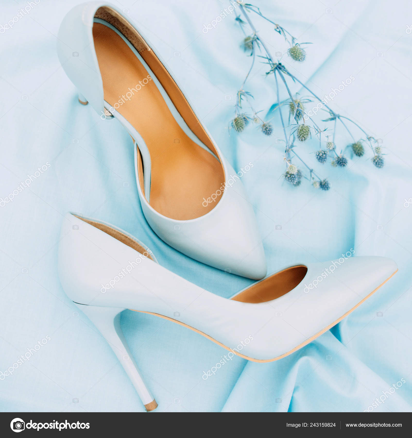 Beautiful Blue High Heel Shoes Flat Lay Top View Blue — Stock Photo ...