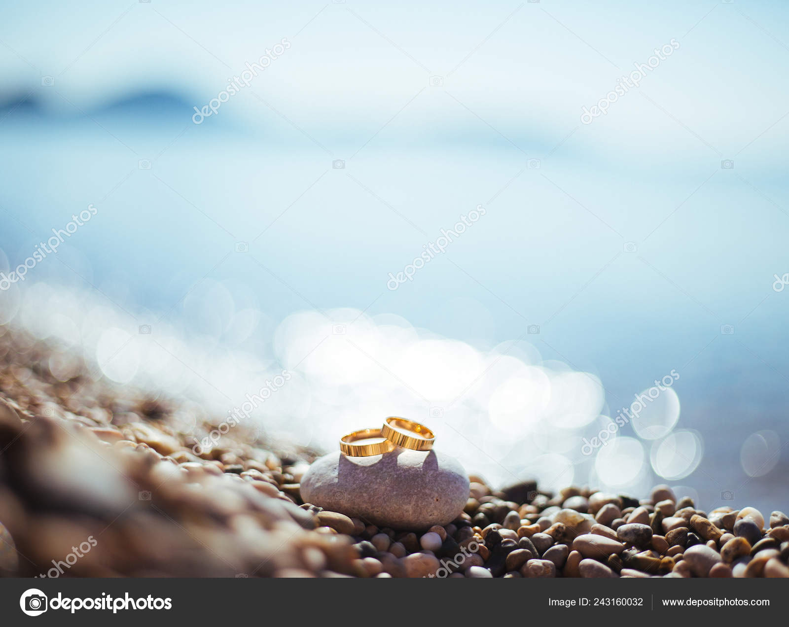 Wedding Concept Golden Wedding Rings Sea Pebbles Sea Wedding Design