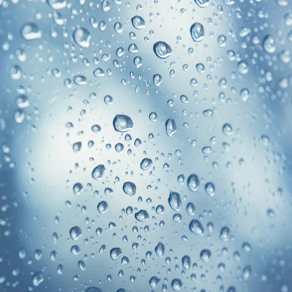 Water Drops Blue Background Close Raindrops Window Glass — Stock Photo, Image