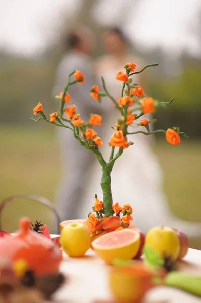 Höstäktenskap Utomhus Porträtt Kysser Nygifta Med Ljusa Orange Origami Familjeträd — Stockfoto