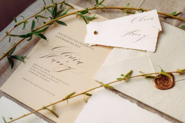 Düğün hat kartları ve bahar twigs, düz yatıyordu