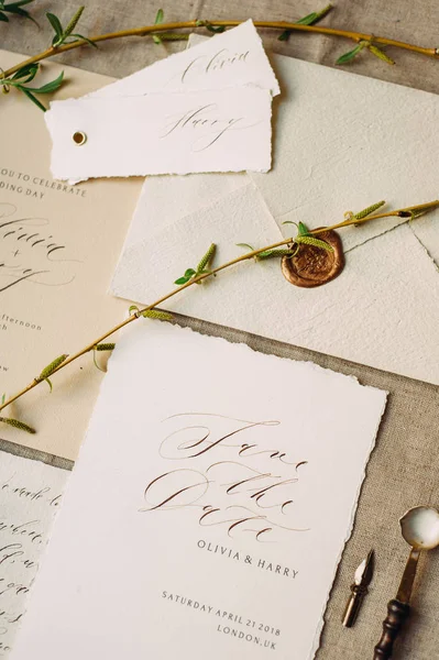 Wedding Calligraphy Cards Spring Twigs Flat Lay — Stock Photo, Image