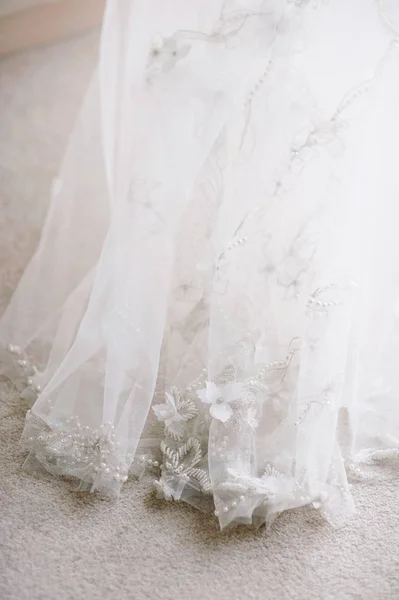 Elegante Pizzo Bianco Abito Sposa Dettaglio — Foto Stock