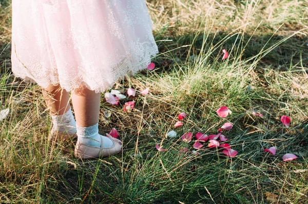 緑の草の上に美しい小さな女の子と花びら — ストック写真