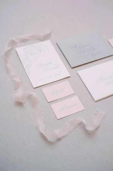 Set Wedding Calligraphy Cards Ribbon — Stock Photo, Image