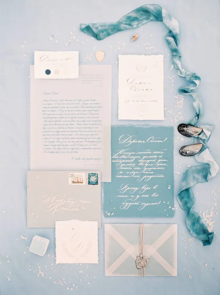 set of wedding calligraphy cards and ribbon