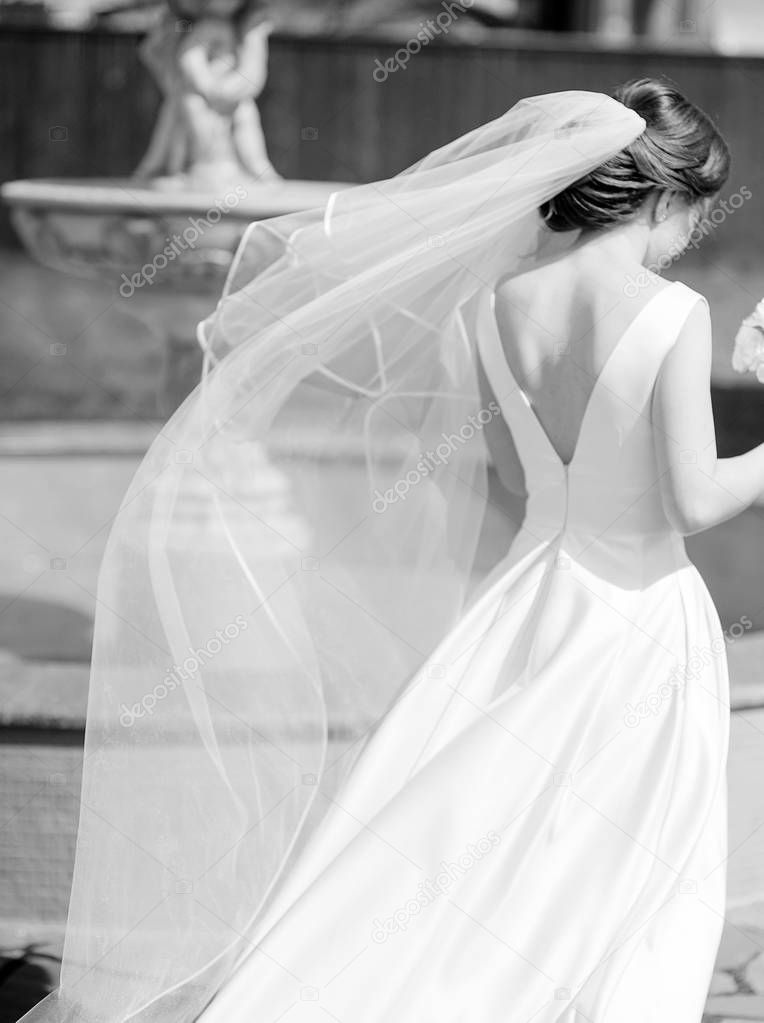 bride wearing white wedding dress with elegant veil, black and white
