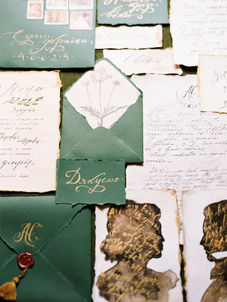 set of wedding calligraphy cards and envelopes