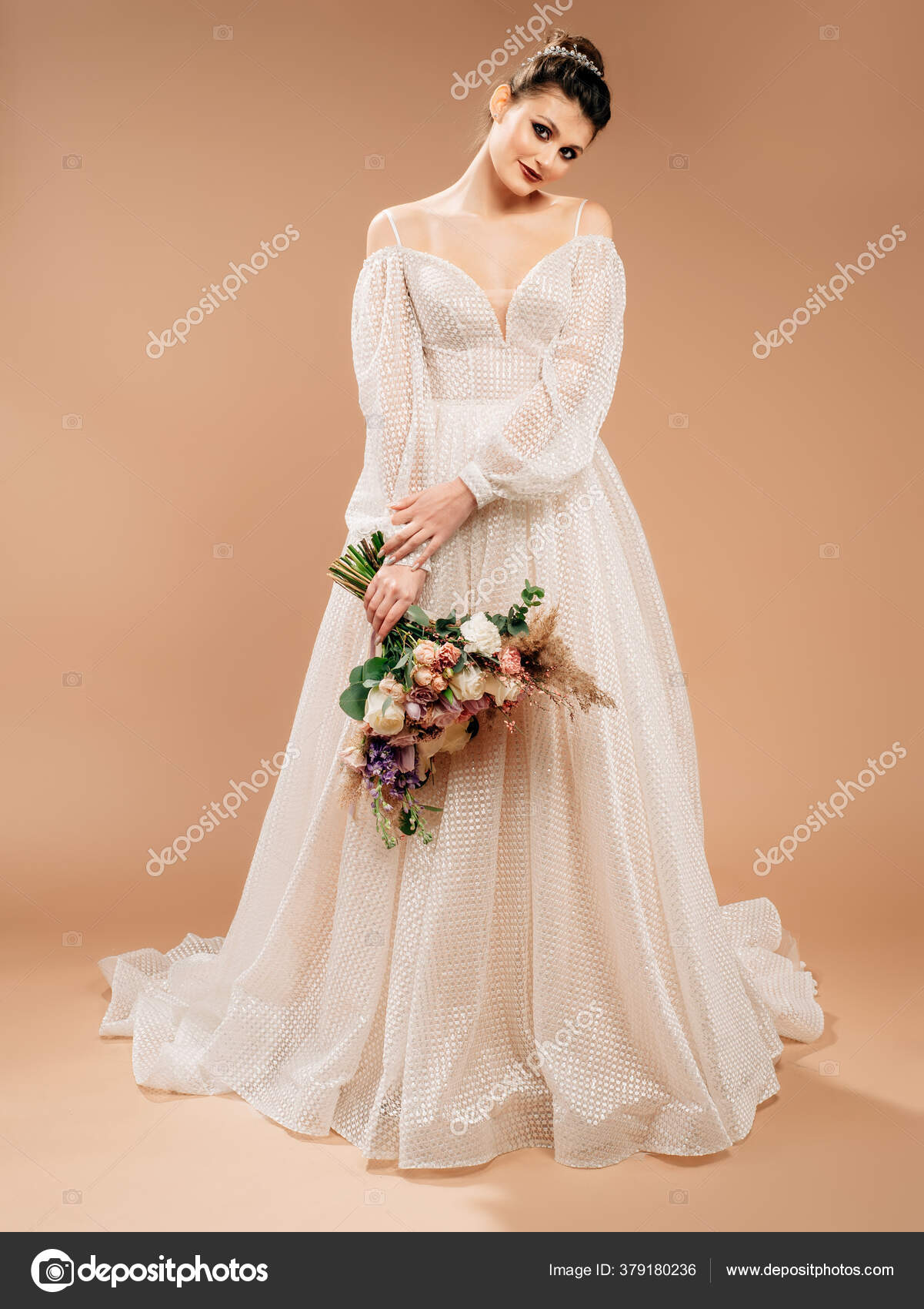 Wedding Inspiration Beautiful Caucasian Model White Wedding Dress Decolletage  Long Stock Photo by ©Stylish_Pics 379180236