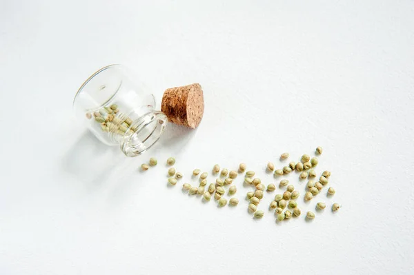 Hemp Seeds Bottle Oil White Background Small Glass Bottle Cork — Stock Photo, Image