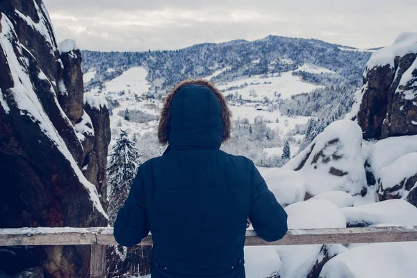 La figura de un viajero que asciende a una cumbre de montaña sobre el fondo de un paisaje cubierto de nieve, vista trasera — Foto de Stock
