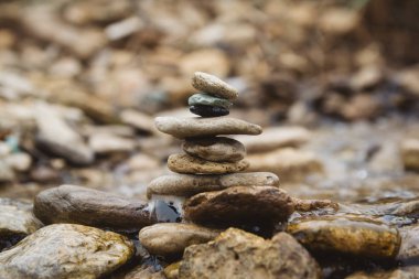 Çakıl Plajı simgeleyen istikrar, zen, uyum, denge üzerinde taşlar piramit. Sığ derinlik-in tarla