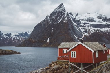 Norveç evleri ve dağları fiyort üzerindeki kayalar İskandinav seyahat manzarası Lofoten adaları