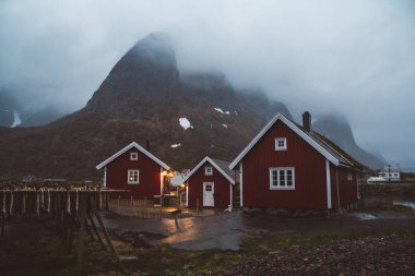 Norveç evleri ve dağları fiyort üzerindeki kayalar İskandinav seyahat manzarası Lofoten adaları