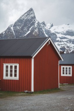 Norveç evleri ve dağları fiyort üzerindeki kayalar İskandinav seyahat manzarası Lofoten adaları