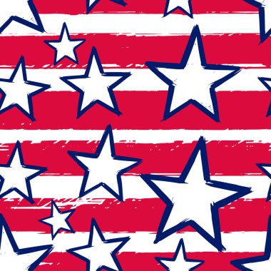 Beyaz arka planda handdrawn kırmızı ve mavi yıldızlar ile vatanseverlik Amerikan vektör Dikişsiz desen