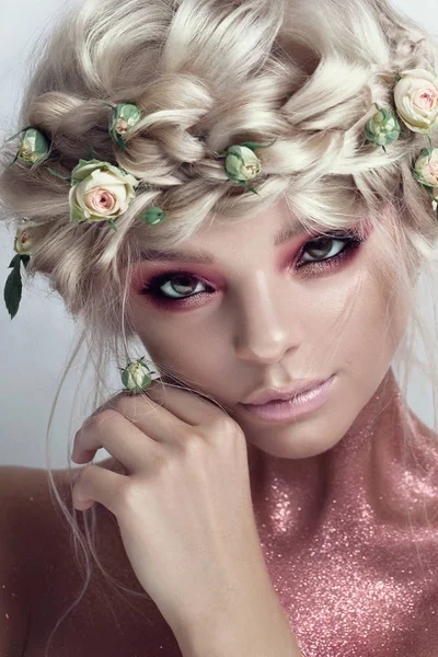 Fashion Beauty Model Girl with Flowers Hair. Bride. Perfect Creative Make up and Hair Style.