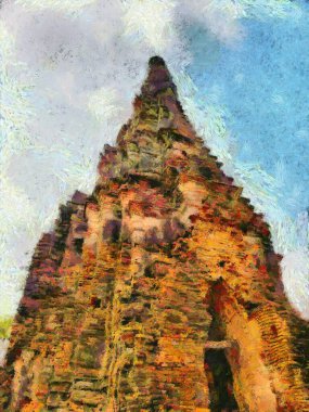 Ayutthaya Tayland 'daki arkeoloji sitesi dünya mirası illüstrasyonları izlenimci bir resim tarzı yarattı.
