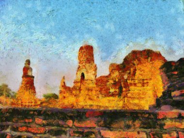 Ayutthaya Tayland 'daki arkeoloji sitesi dünya mirası illüstrasyonları izlenimci bir resim tarzı yarattı.