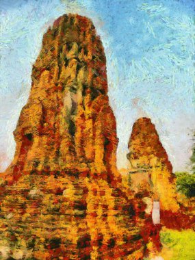 Ayutthaya Tayland 'daki arkeoloji sitesi dünya mirası illüstrasyonları izlenimci bir resim tarzı yarattı.