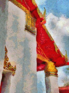 Ayutthaya Tayland 'daki arkeoloji sitesi dünya mirası illüstrasyonları izlenimci bir resim tarzı yarattı.