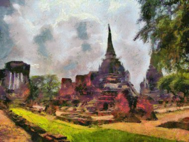 Ayutthaya Tayland 'daki arkeoloji sitesi dünya mirası illüstrasyonları izlenimci bir resim tarzı yarattı.