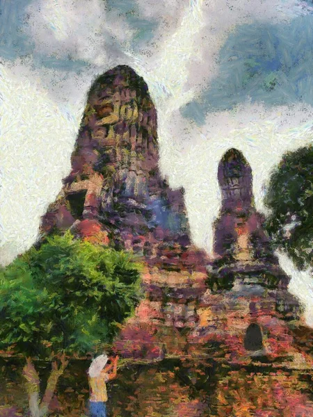 Sitio Arqueológico Ayutthaya Tailandia Patrimonio Humanidad Ilustraciones Crea Estilo Impresionista —  Fotos de Stock