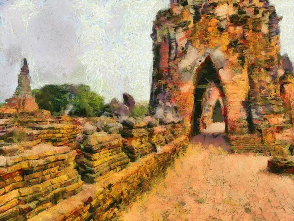 Den Arkeologiska Platsen Ayutthaya Thailand Världsarv Illustrationer Skapar Impressionistisk Stil — Stockfoto