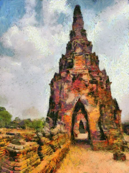 Sitio Arqueológico Ayutthaya Tailandia Patrimonio Humanidad Ilustraciones Crea Estilo Impresionista —  Fotos de Stock