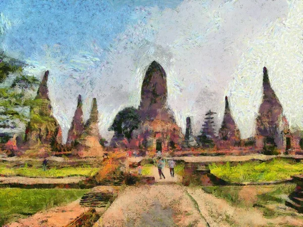 Den Arkeologiska Platsen Ayutthaya Thailand Världsarv Illustrationer Skapar Impressionistisk Stil — Stockfoto