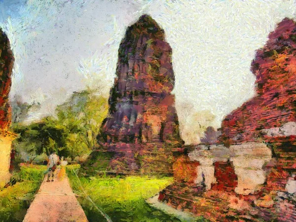 Die Archäologische Stätte Ayutthaya Thailand Welterbe Illustrationen Schafft Einen Impressionistischen — Stockfoto